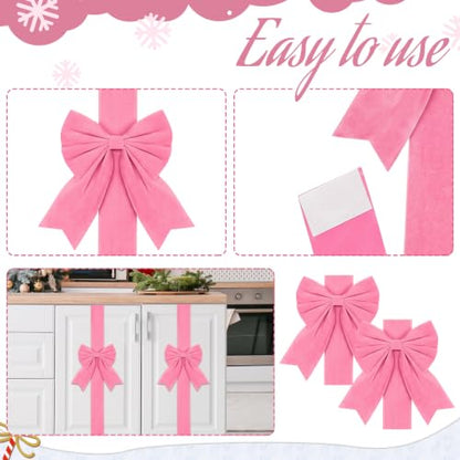 Pink Velvet Christmas Cabinet Bows Ribbons - 8 Pack, 78.7" Length, Easy Hook Installation