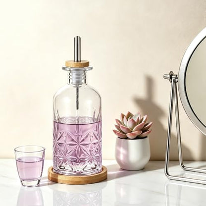 Vintage Glass Mouthwash Dispenser Set with Bamboo Tray & Rinse Cup