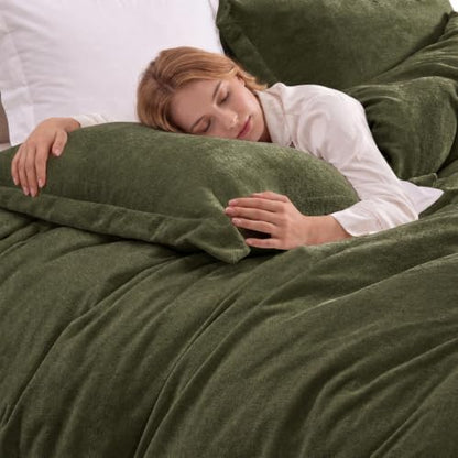 Olive Green Velvet Chenille Duvet Cover Set - Queen with Hidden Zipper & Snaps