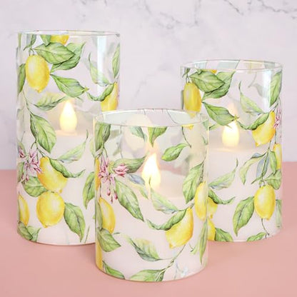 Lemon Glass Flameless Candles with Remote & Timer - Lemon Tree Variation - Battery Operated LED Flicker Pillar Candles for Home Decor, Kitchen, Holiday