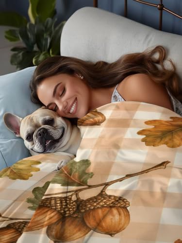 Queen Size Flat Sheet Only - Fall Oak Leaves & Acorns Microfiber Bedding, Beige Gingham Check, Amber Chestnut Variation