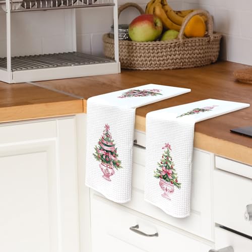 Christmas Chinoiserie-4 Kitchen Towels Set of 2 - Pink Xmas Tree Holiday Dishcloths 16x24 Inches