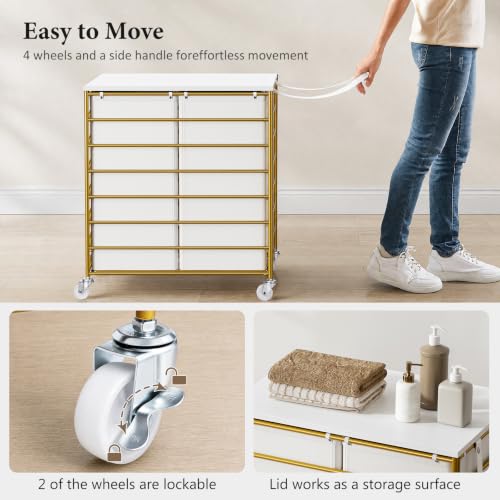 Double Laundry Hamper with Wheels and Lid - 115L Gold Rolling Basket
