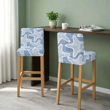Blue Nautical Starfish Bar Stool Covers Set of 6 - Coastal Stretch Dining Chair Slipcovers
