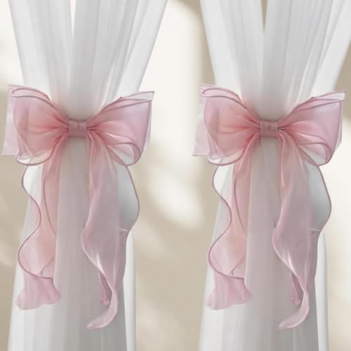 Pink French Silky Bow Curtain Tiebacks - 2 Pack, Elegant Lace Ribbon Holdbacks for Bedroom & Living Room Decor - Hot Pink