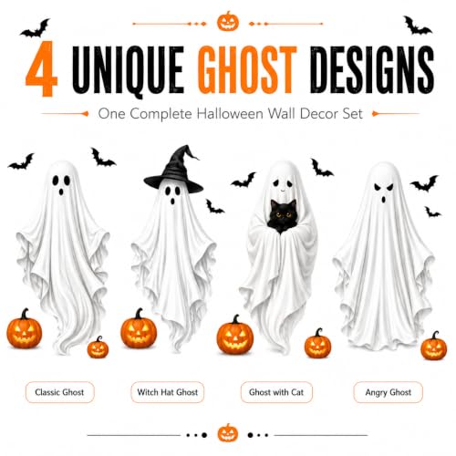Extra Large Halloween Window Clings - Ghost Witch Hat Pumpkin Decals - Ghost Witch Hat Pumpkin Variation
