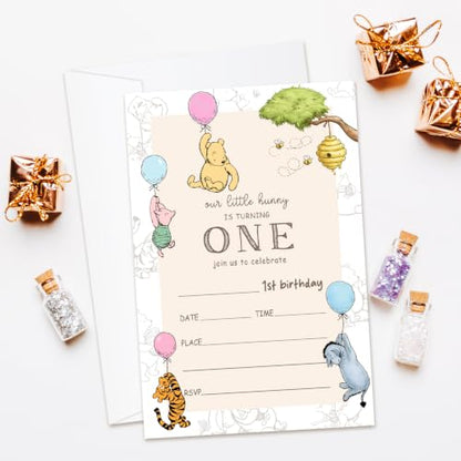 Winnie First Birthday Invitations Set with Envelopes - 25 Pack