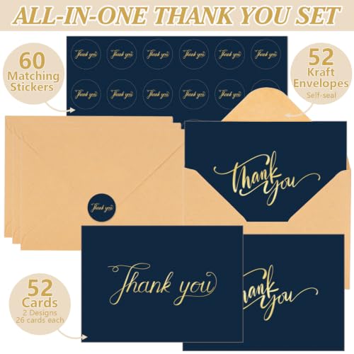 Thank You Cards with Envelopes & Stickers - Navy Blue 52 Pack