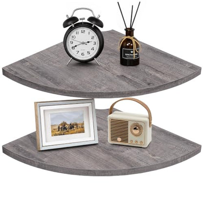 Grey Round Corner Wall Mount Floating Shelves Set of 2 - Rustic & Durable