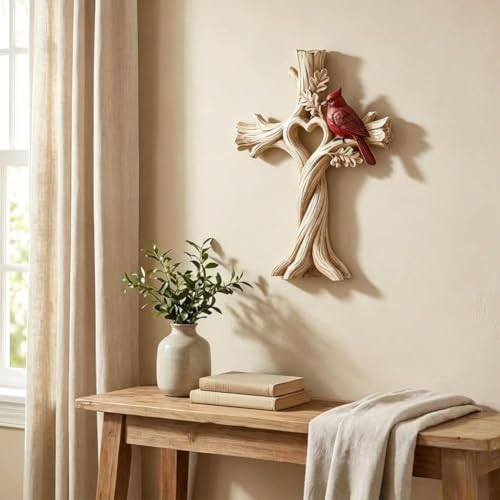 Hand-Carved Wood Garden Decor with Heart Tree and Cardinal