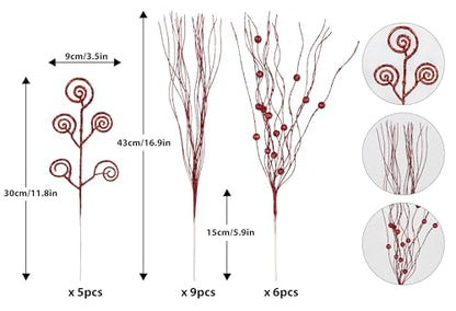 20PCS Red Glitter Artificial Curly Berry Stems Christmas Ornaments for Wreath & Tree Decor