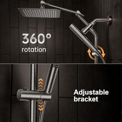 Veken All Metal 10" Brushed Gold Shower Head with Handheld, Luxurious Square Double Rain Shower Heads with Spray Combo, Dual High Pressure Detachable Rainfall Showerhead with Extension Arm, Long Hose