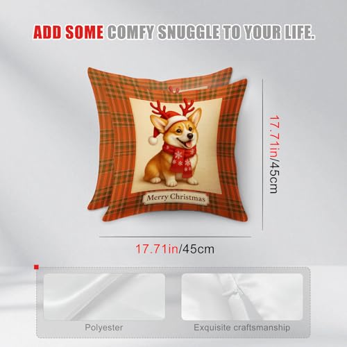 Christmas Corgi Throw Pillow Covers Set of 2 - 18x18 Inch, Reindeer & Plaid Design - Variation of Christmas Corgi#02