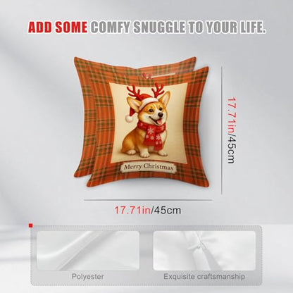 Christmas Corgi Throw Pillow Covers Set of 2 - 18x18 Inch, Reindeer & Plaid Design - Variation of Christmas Corgi#02