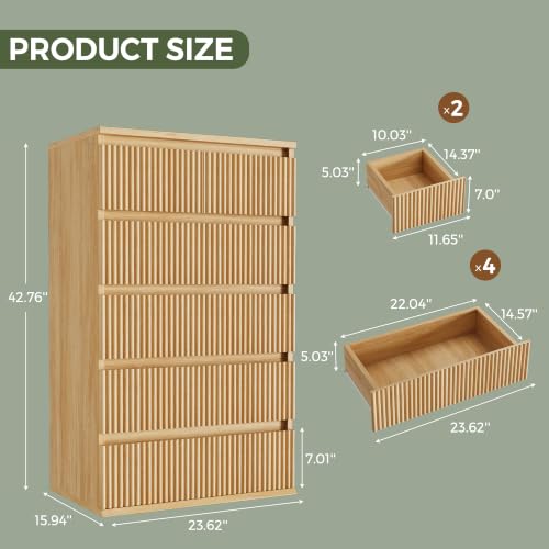 6-Drawer Fluted Dresser in Natural Oak - Tall Deep Drawers, Handleless Modern Wood Chest