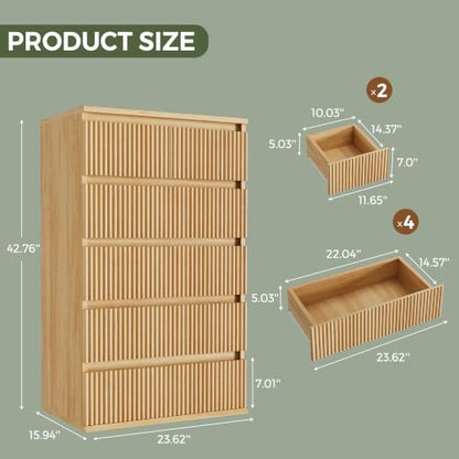 6-Drawer Fluted Dresser in Natural Oak - Tall Deep Drawers, Handleless Modern Wood Chest