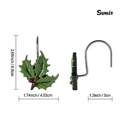 Sunlit Christmas Shower Curtain Hooks - Green Leaf Holiday Shower Rings Set of 12