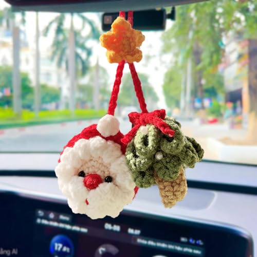 Pine Crochet Christmas Ornament for Car Rearview Mirror - Santa Claus Holiday Hanging Decor - Handmade Xmas Gift