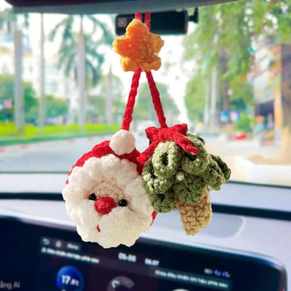 Pine Crochet Christmas Ornament for Car Rearview Mirror - Santa Claus Holiday Hanging Decor - Handmade Xmas Gift