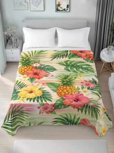 King Size Flat Sheet Only Summer Pineapple Flower Leaves Bed Top Sheet Microfiber Breathable Bedding - Lime, Coral