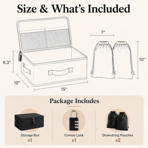 Black Lockable Privacy Toy Storage Box with Combo Lock & Soft Bags for Adults
