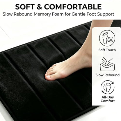 Memory Foam Bath Mat Set - Black, Non Slip & Quick Dry Bathroom Rugs