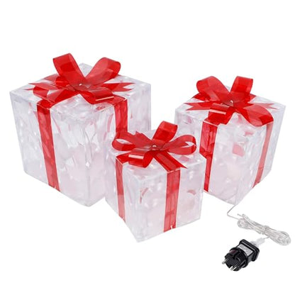 Clear Lighted Christmas Gift Boxes Set of 3 - Outdoor Decor with 60 LEDs