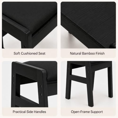 BAMBOOHOMIE Black Bamboo Foot Stool Ottoman with Removable Cushion & Handles