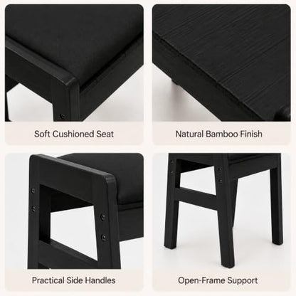 BAMBOOHOMIE Black Bamboo Foot Stool Ottoman with Removable Cushion & Handles