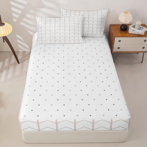 Beige White Geometric Chevron Zipper Bedding Set Twin - Arrow Pattern Bed in a Bag
