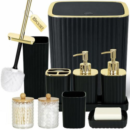 Black and Gold Bathroom Accessories Set – 10-Piece All-in-One Vanity Decor with Dispensers, Toothbrush Holder, and Storage Jars (Variation: Black & Gold / Bath Set 10 Piece)