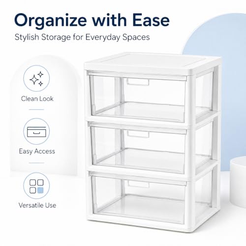 White 3-Drawer Plastic Storage Tower with Removable Clear Bins - Wide Organizer
