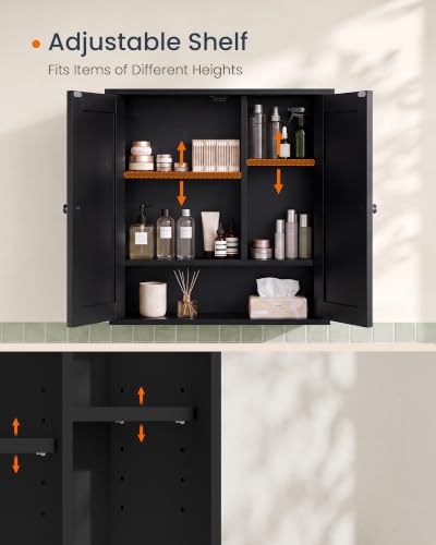 Bathroom Wall Cabinet with 2 Doors - Tool-Free Assembly, Adjustable Shelves, Black Finish