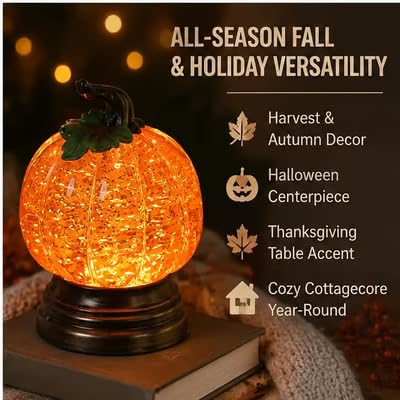 Lighted Pumpkin Snow Globe with LED Warm Orange Light, Gold Glitter Fall Decor