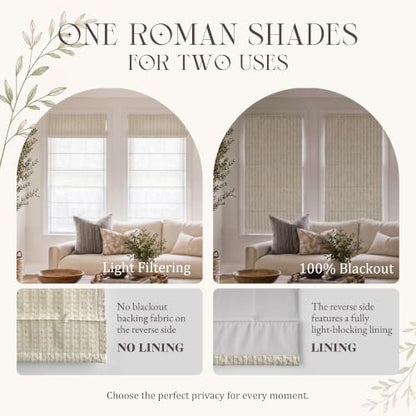Day Night Roman Shades 35x72 Inches - Drill Style Dual Layer Blinds with Cordless Operation