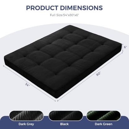 Black 6-Inch Thick Japanese Floor Mattress Full Size Futon Bed - Plush Support