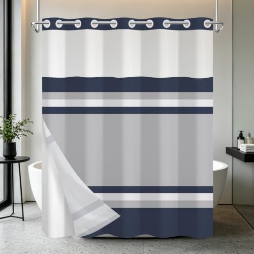 Navy Striped No Hook Geometric Shower Curtain 71x74 Inch with Liner