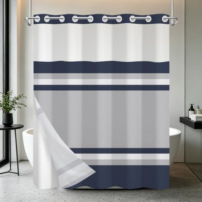 Navy Striped No Hook Geometric Shower Curtain 71x74 Inch with Liner