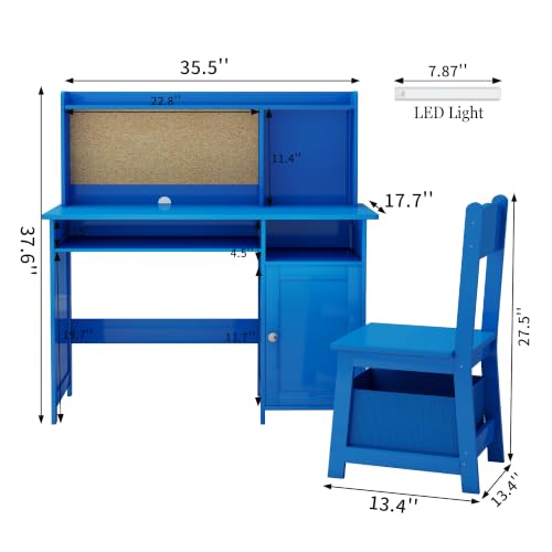 Kids Desk and Chair Set with Cork Board & Removable LED Light - Blue Plus
