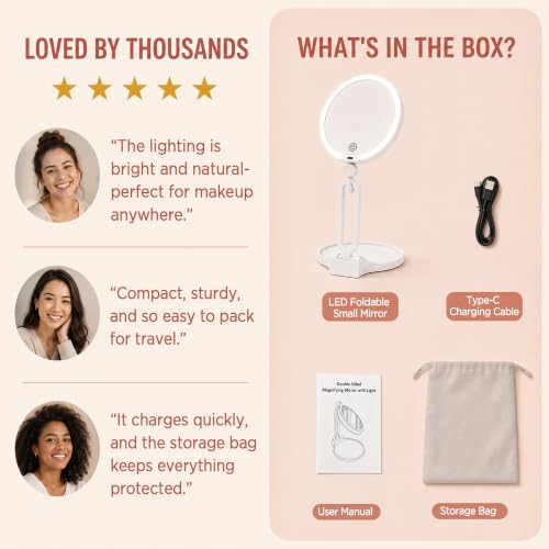 Magnifying Lighted Travel Mirror 30X/1X Dual-Sided with 3 Light Modes