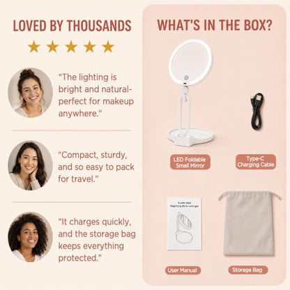 Magnifying Lighted Travel Mirror 30X/1X Dual-Sided with 3 Light Modes