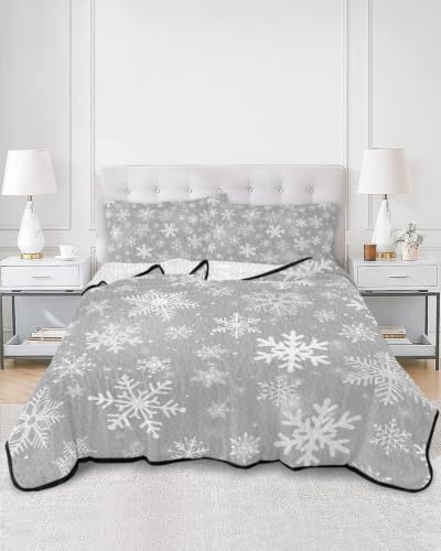 Silver Snowflakes Christmas Quilt Set Twin XL Bedding - Winter Holiday Lightweight Comforter with Pillowcases