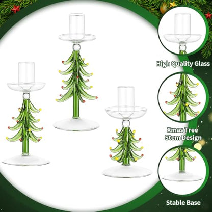 Green Christmas Tree Candle Holders Set of 3 - Rustic Glass Taper Candlesticks for Holiday Decor