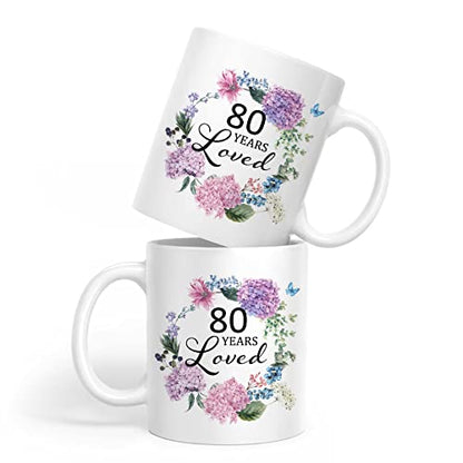 80 Years Loved 11oz White Ceramic Letter Print Mug - 80th Birthday Gift for Women