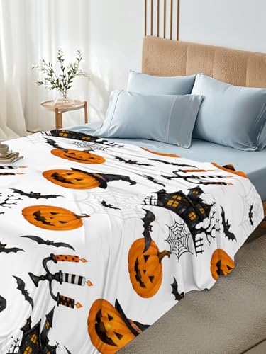 Halloween Pumpkin Haunted Castle Flat Sheet King Size - Orange, Charcoal, White, Cream
