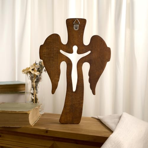 Retro Wooden Angel Cross Wall Decor - 13.8 Inch Handcrafted Jesus Crucifix