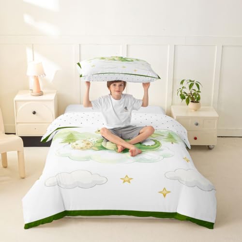 Castle Fairy Cute Dragon Duvet Cover Set Twin Watercolor Kids Bedding with Pillowcase - White Green