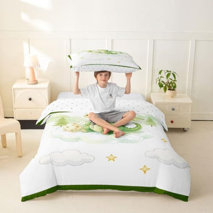 Castle Fairy Cute Dragon Duvet Cover Set Twin Watercolor Kids Bedding with Pillowcase - White Green