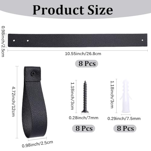 8PCS 10.55 Inch Black PU Leather Curtain Rod Bracket Straps Wall Hooks with Screws