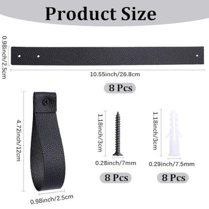 8PCS 10.55 Inch Black PU Leather Curtain Rod Bracket Straps Wall Hooks with Screws